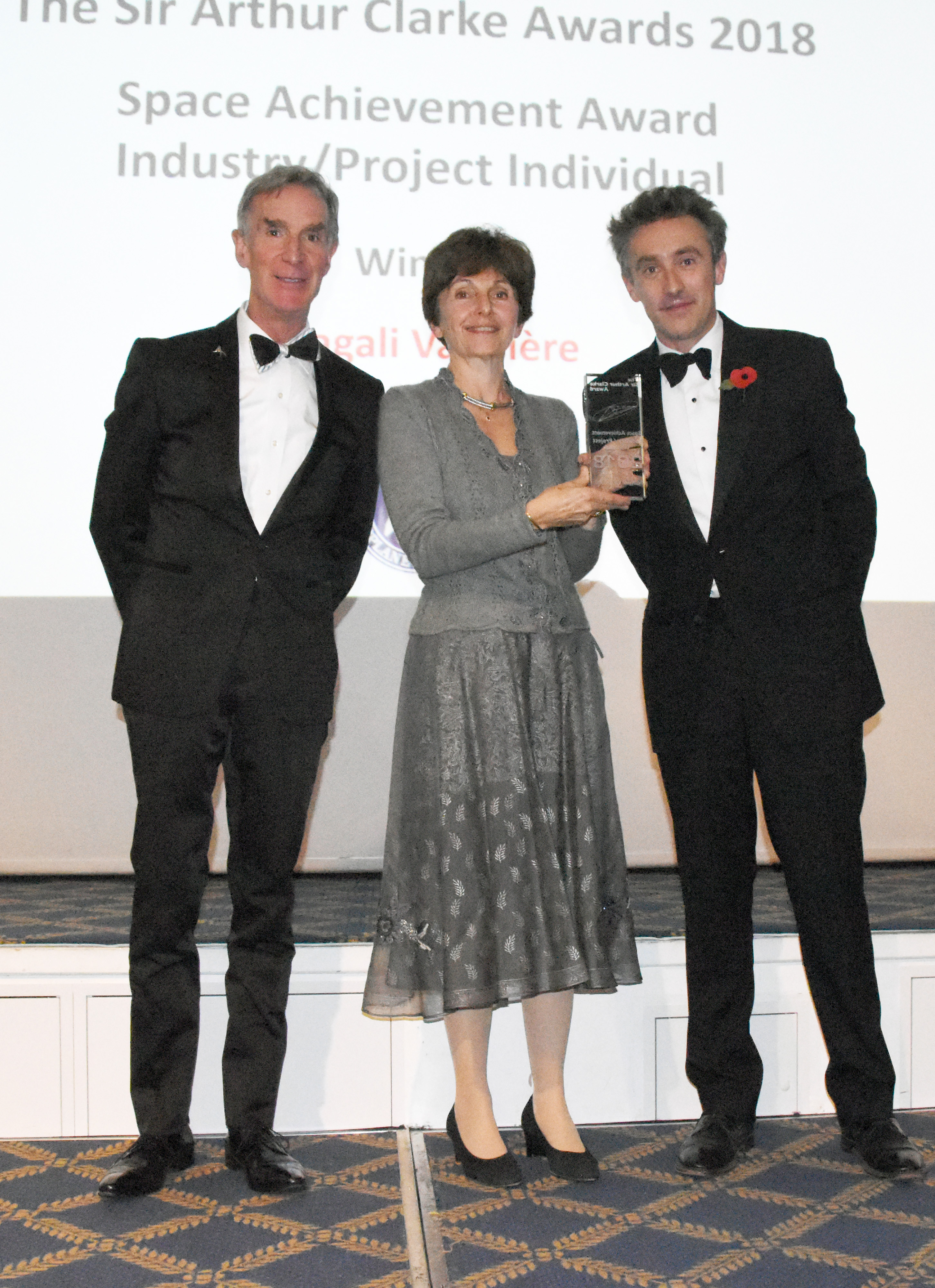 Magali Vaissiere together with the hosts of the Sir Arthur Clarke Gala Awards Dinner, Bill Nye (left) and Dallas Campbell (right). Credit: BIS