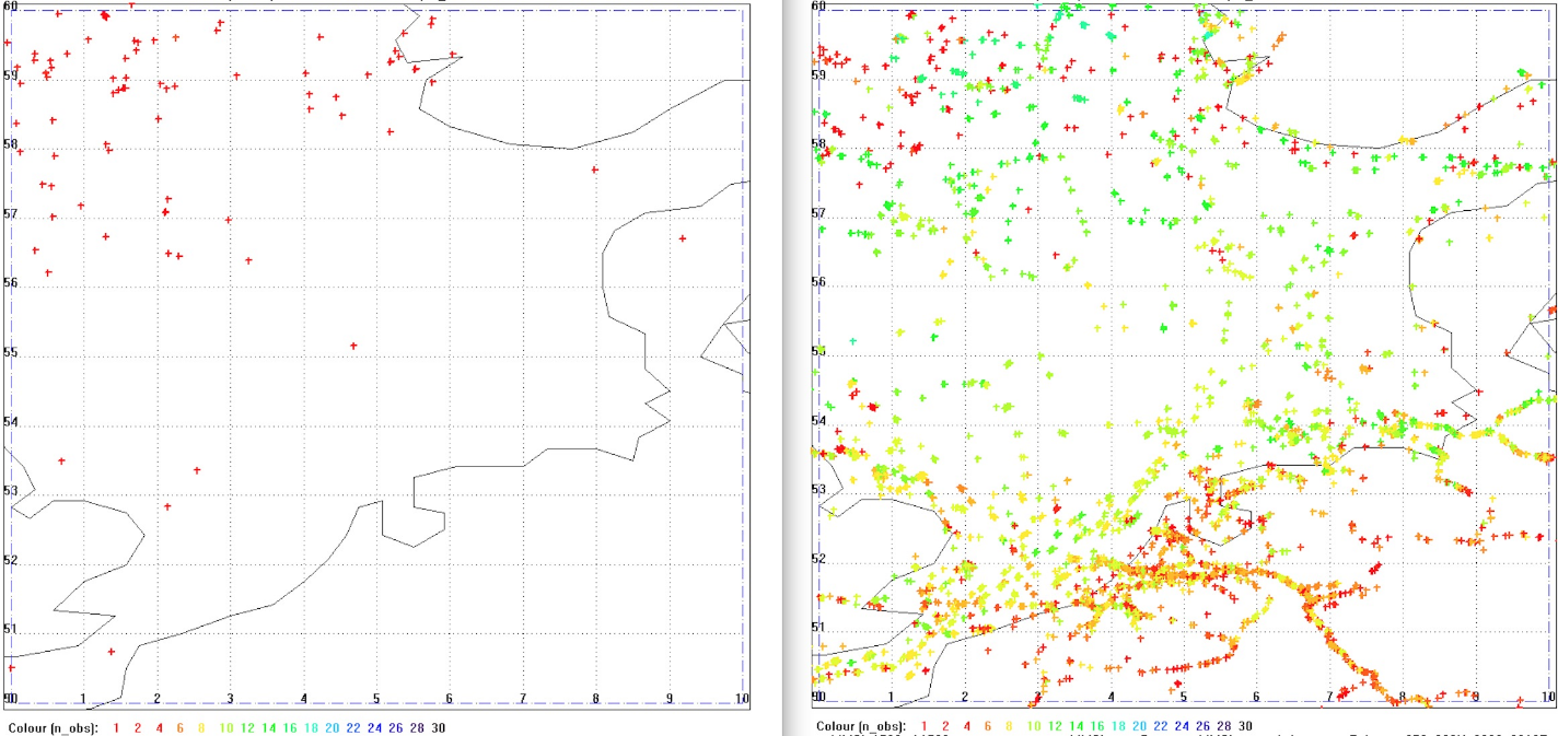 Ships detected by AISSat-1 and 2 (left) and by NorSat-1 and 2 (right) in the North Sea per day. The colour code shows how many times each ship has been observed during the observation period of 24 hours (red->yellow: less observations, green->blue: more observations) ©Norwegian Defence Research Establishment (FFI)