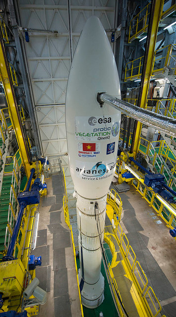 ESA’s Vega VV02 rocket is fully assembled in its mobile gantry, 3 May, 2013. Credit:  ESA/S. Corvaja