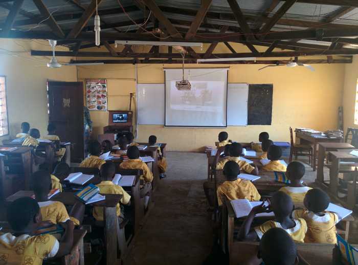 School in sub-urban Accra receiving the live satellite feed from the broadcast studio.Photo credit: SatADSL / ESA