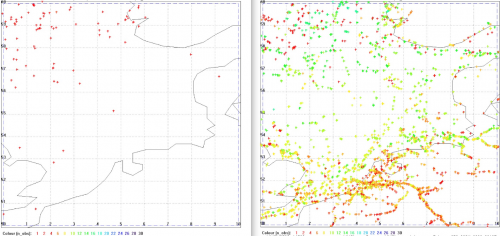 Ships detected by AISSat-1 and 2 (left) and by NorSat-1 and 2 (right) in the North Sea per day. The colour code shows how many times each ship has been observed during the observation period of 24 hours (red-&gt;yellow: less observations, green-&gt;blue: more observations) ©Norwegian Defence Research Establishment (FFI)