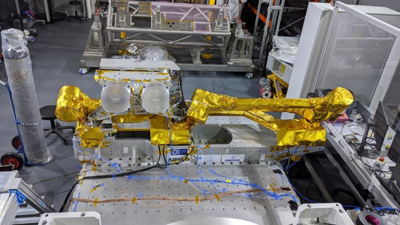 The Deployment and Pointing System, developed by Airbus Defense and Space (F) and EHP (B), under test in Airbus Toulouse facility (Image credit: Airbus Defense and Space)
