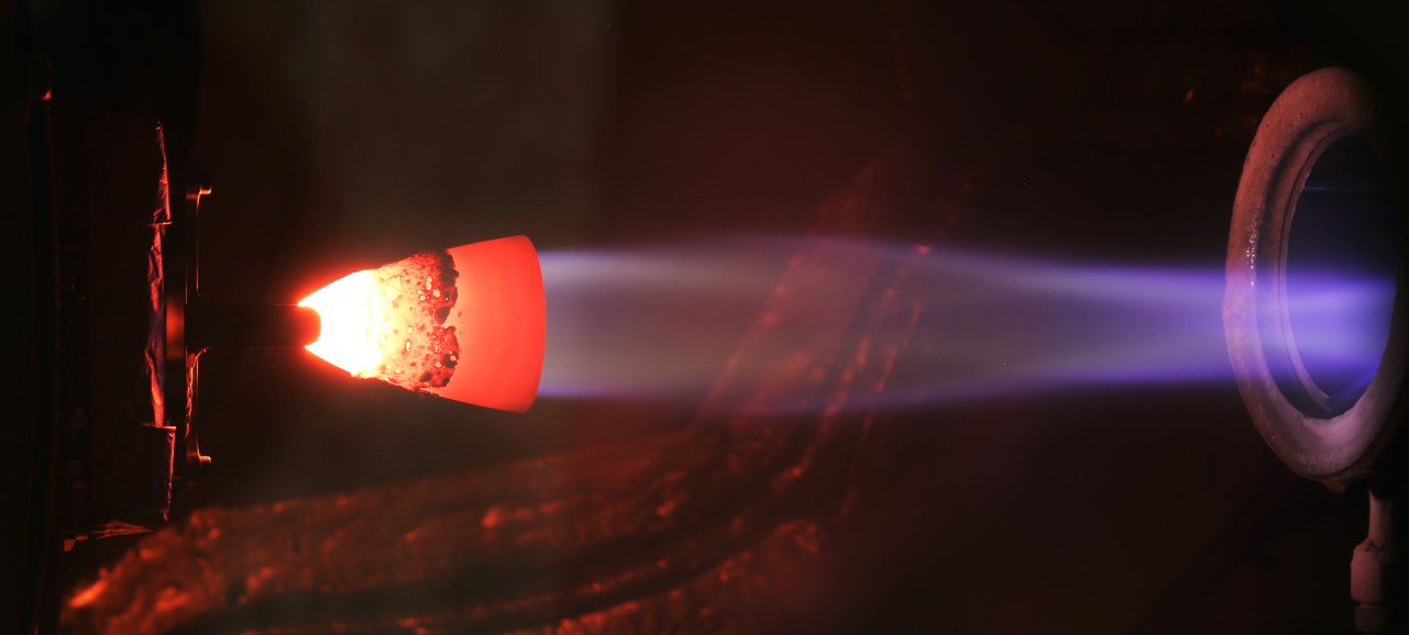 The LEROS 10 Thruster, developed by Nammo (U.K.) Ltd, undergoes hot-fire testing at their UK facility                     (Image credit: Nammo (U.K.) Ltd)